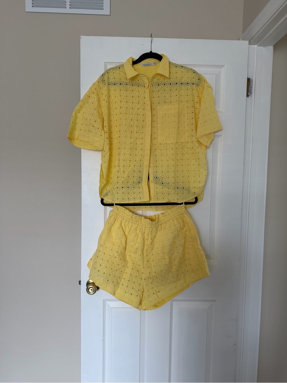 MON RENN Yellow Eyelet Two-Piece Shirt & Shorts Set